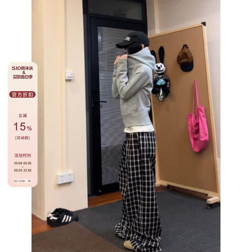 中高腰复古格子休闲裤