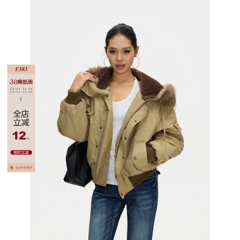 F383 美式复古连帽飞行员毛领棉服外套男女加厚保暖夹克派克服ins