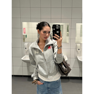 卫衣男女宽松休闲百搭短款 复古数字印花立领开衫 外套ins 美式 F383