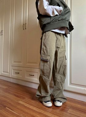 F383 2024美拉德复古做旧灯芯绒拼接宽松直筒工装裤多口袋男女ins