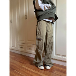 多口袋男女ins 裤 F383 2024美拉德复古做旧灯芯绒拼接宽松直筒工装