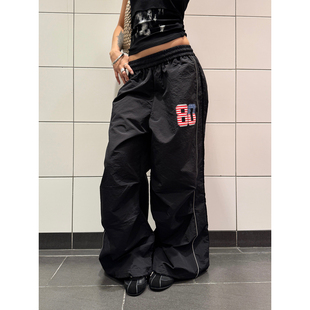 百搭松紧腰伞兵裤 F383 宽松阔腿拖地长裤 街头反光条休闲裤 潮 美式