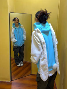 F383 2023AW国潮原创慵懒兔子耳朵连帽卫衣撞色宽松拉链外套男女