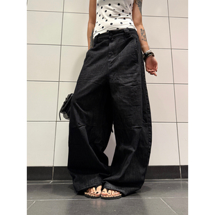 F383 2026美式复古阔腿宽松原牛膝盖褶皱牛仔裤弯刀廓形长裤男女