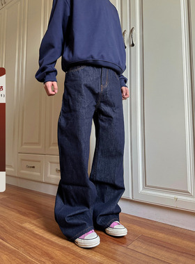 F383 2026美式复古单宁原色阔腿直筒深蓝色牛仔裤cleanfit男女ins
