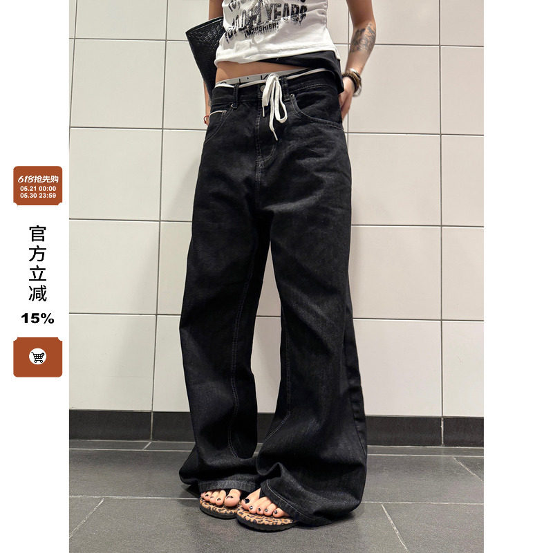 F383 美式复古黑色赤耳原牛直筒A字牛仔裤男女街头百搭阔腿长裤子