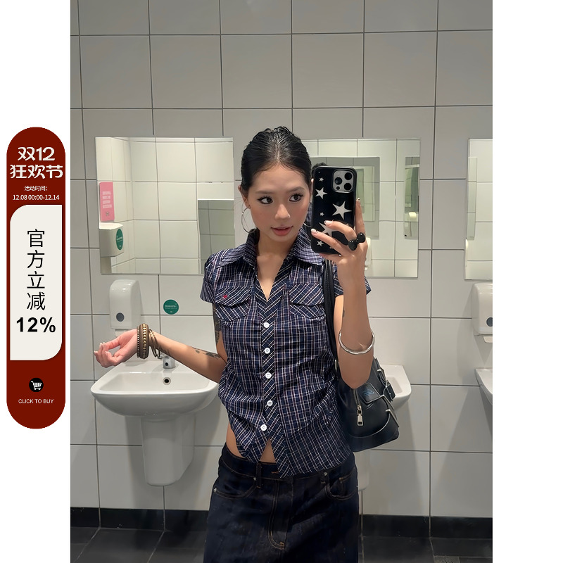 F383美式复古格子正肩短袖衬衫