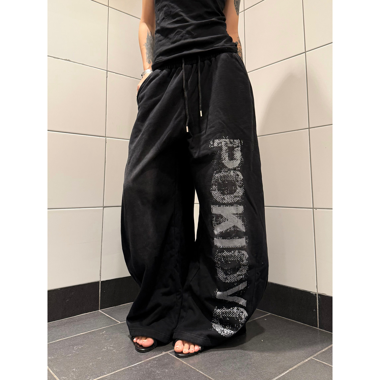 F383 美式复古字母休闲卫裤宽松阔腿百搭垂感慵懒抽绳长裤男女ins