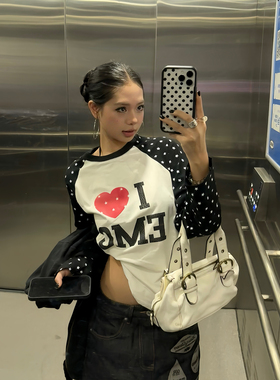 F383 美式复古趣味裂纹印花拼色星星长袖T恤女宽松休闲百搭上衣潮