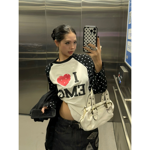 T恤女宽松休闲百搭上衣潮 复古趣味裂纹印花拼色星星长袖 F383 美式