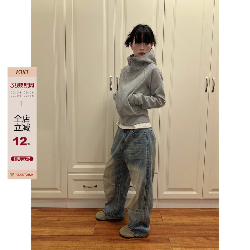 F383 2026灰色短款连帽卫衣女早秋新款修身显瘦长袖美式拉链外套