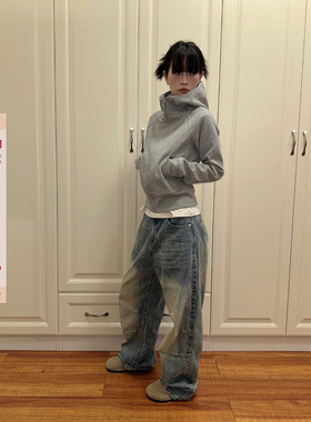 F383 2026灰色短款连帽卫衣女早秋新款修身显瘦长袖美式拉链外套