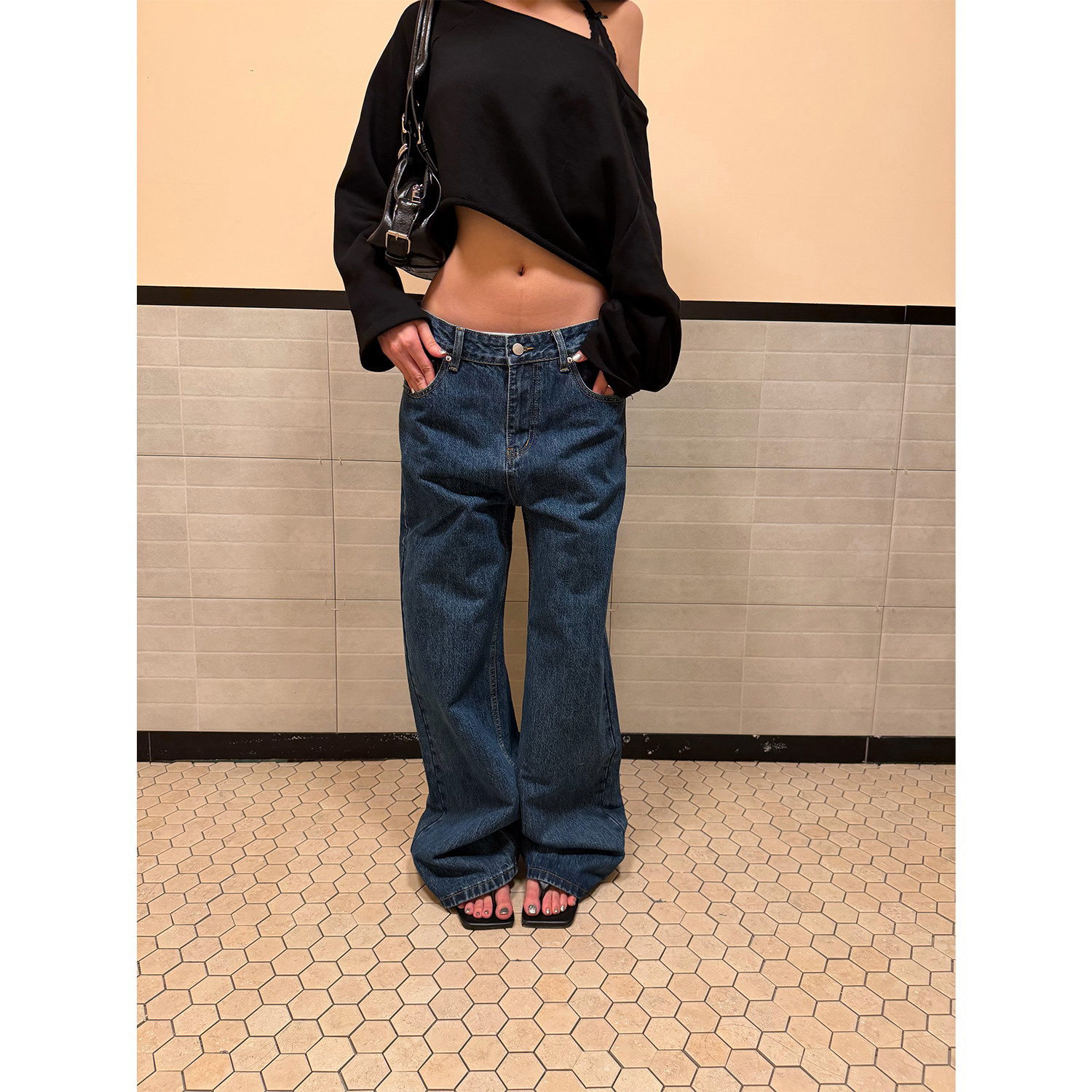 FFR 美式复古做旧水洗设计感牛仔阔腿裤男女宽松垂感微喇百搭长裤