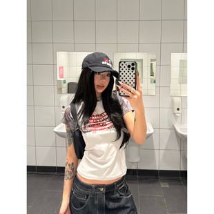 正肩短袖 F383 显瘦迷彩撞色拼接印花T恤短款 复古修身 上衣女潮 美式