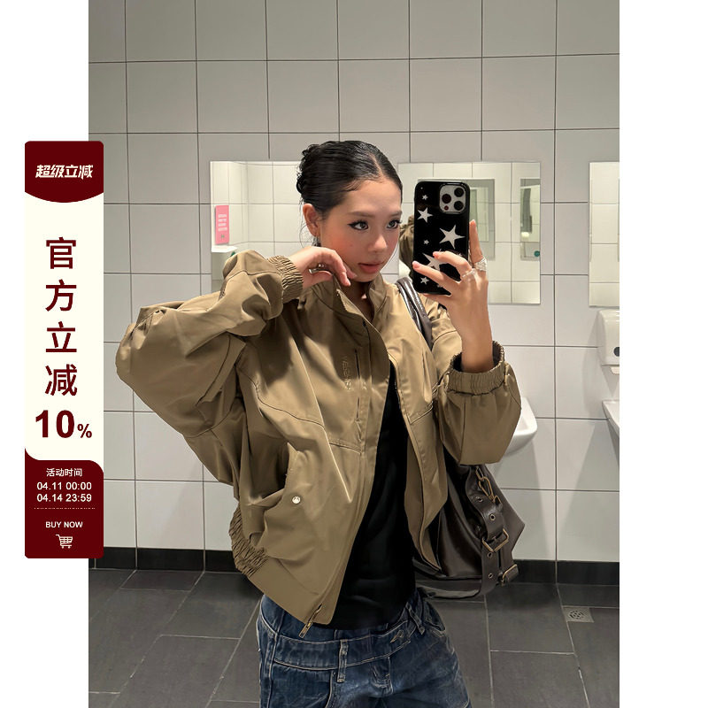 F383 美式复古立领飞行员翻领短款夹克女设计感宽松休闲风衣外套