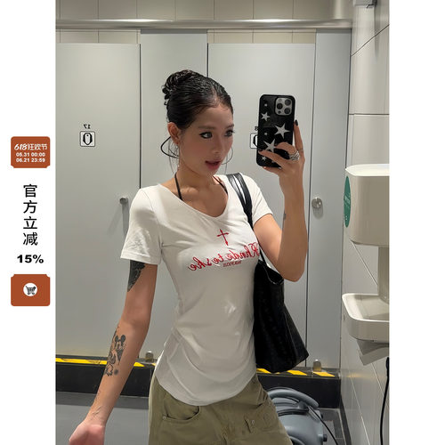 【F383】显瘦修身白色V领短袖