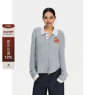 F383 美式复古POLO衫毛衣菱形格镂空针织衫宽松假两件上衣男女ins