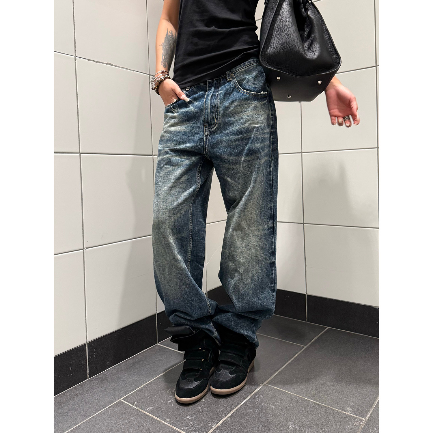 F383 美式复古高街直筒宽松阔腿深色牛仔裤男女款垂感百搭长裤ins