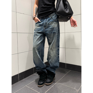 垂感百搭长裤 F383 男女款 复古高街直筒宽松阔腿深色牛仔裤 ins 美式