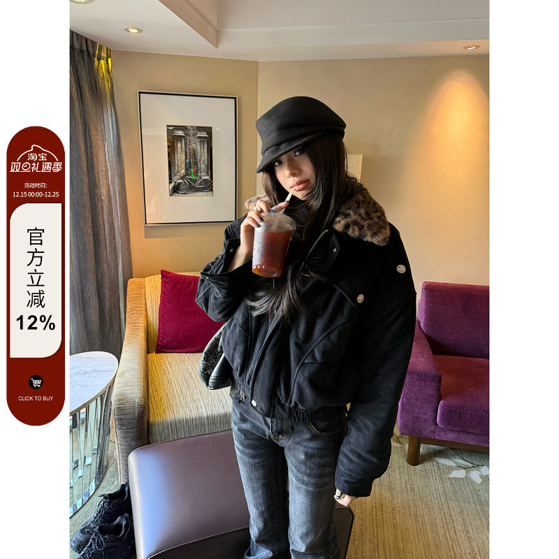 F383拼接豹纹翻领夹克棉服