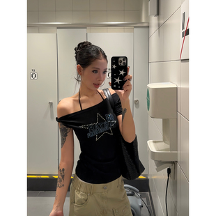 百搭修身 复古斜肩五角星烫钻T恤短袖 收腰显瘦上衣女ins 美式 F383