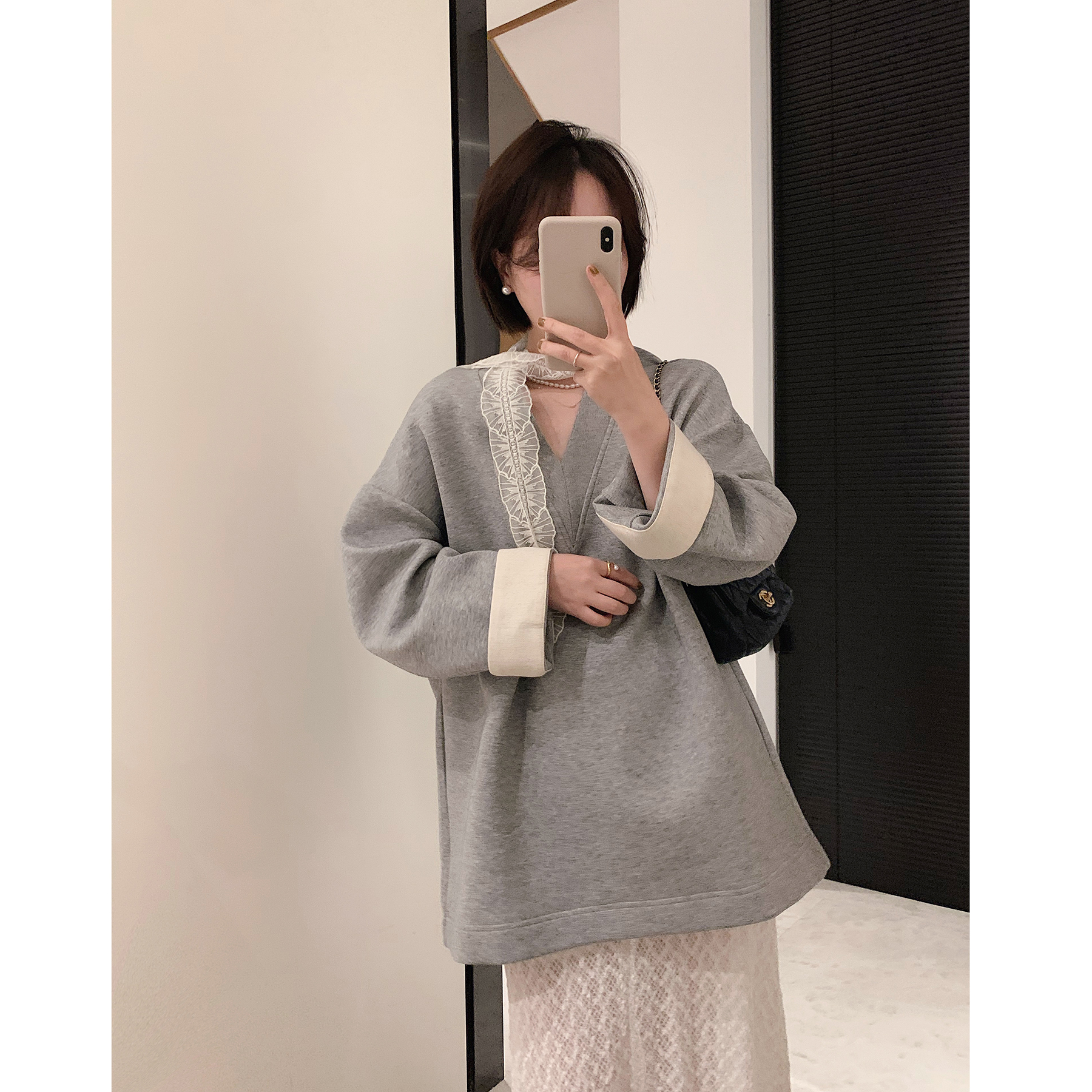 misslady自留翻边洋气v领灰色卫衣中长款百搭上衣女慵懒宽松显瘦