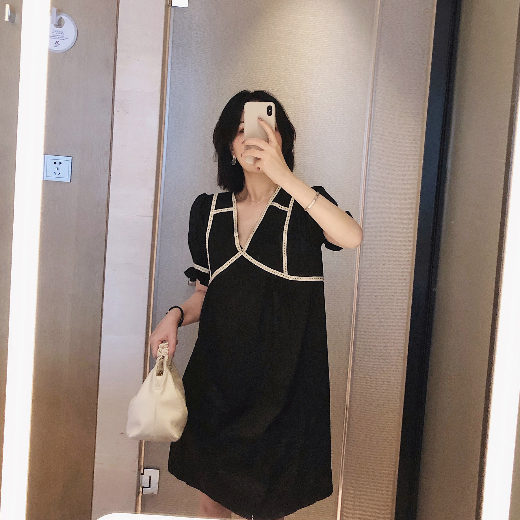 misslady自留法式赫本风韩国拼接设计款洋气chic复古连衣裙短裙