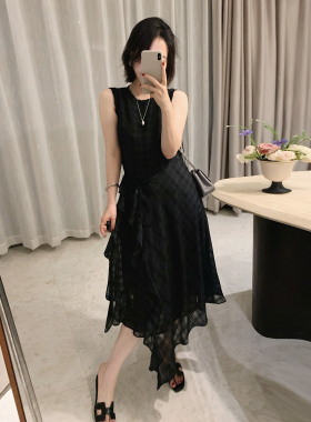 misslady黑色格子荷叶木耳边不规则收腰无袖连衣裙女夏季修身显瘦