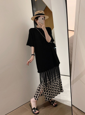 misslady黑色百褶花朵开叉半身裙子女复古高腰直筒垂感显瘦中长款