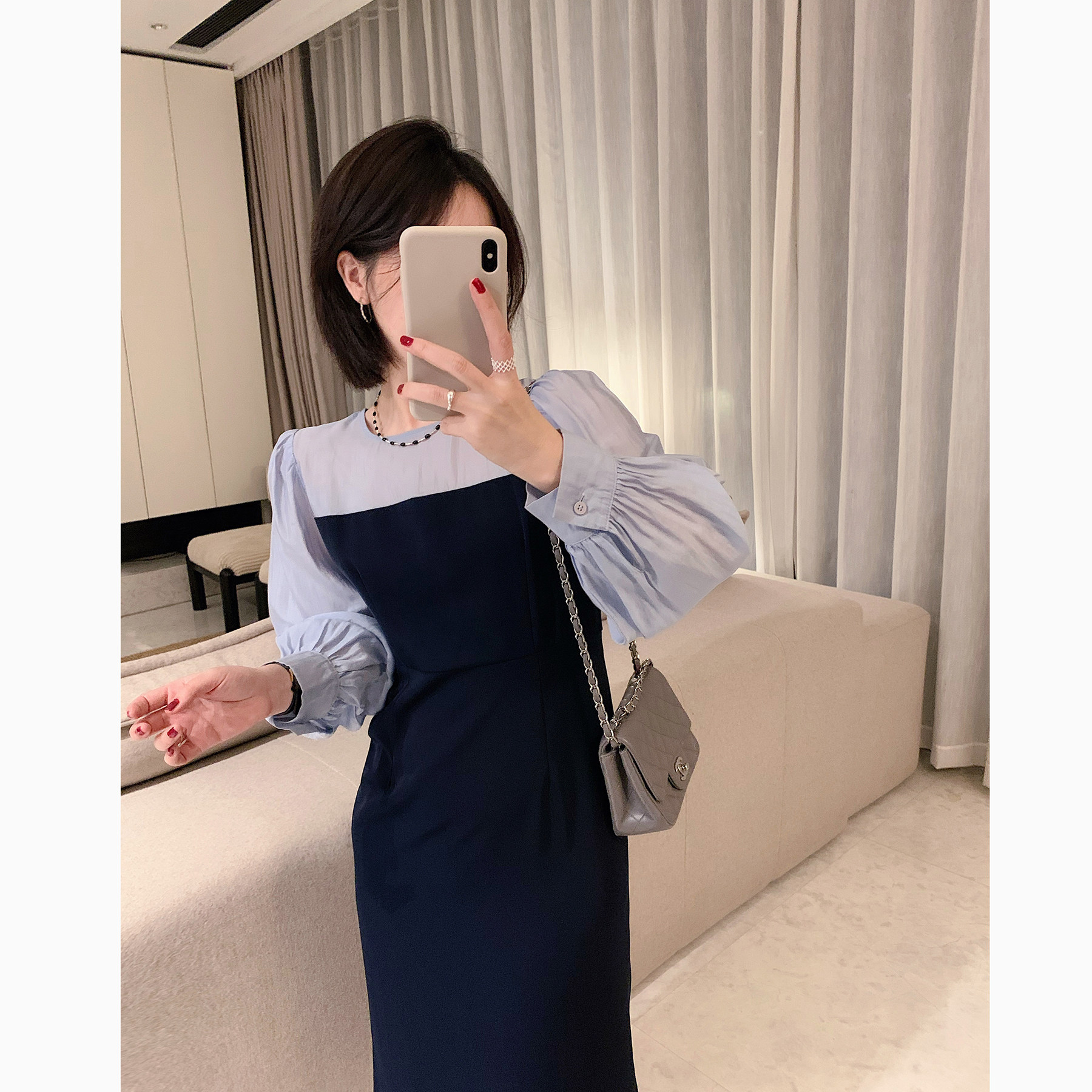 misslady法式洋气拼色灯笼袖复古衬衫长袖收腰连衣裙女中长款修身