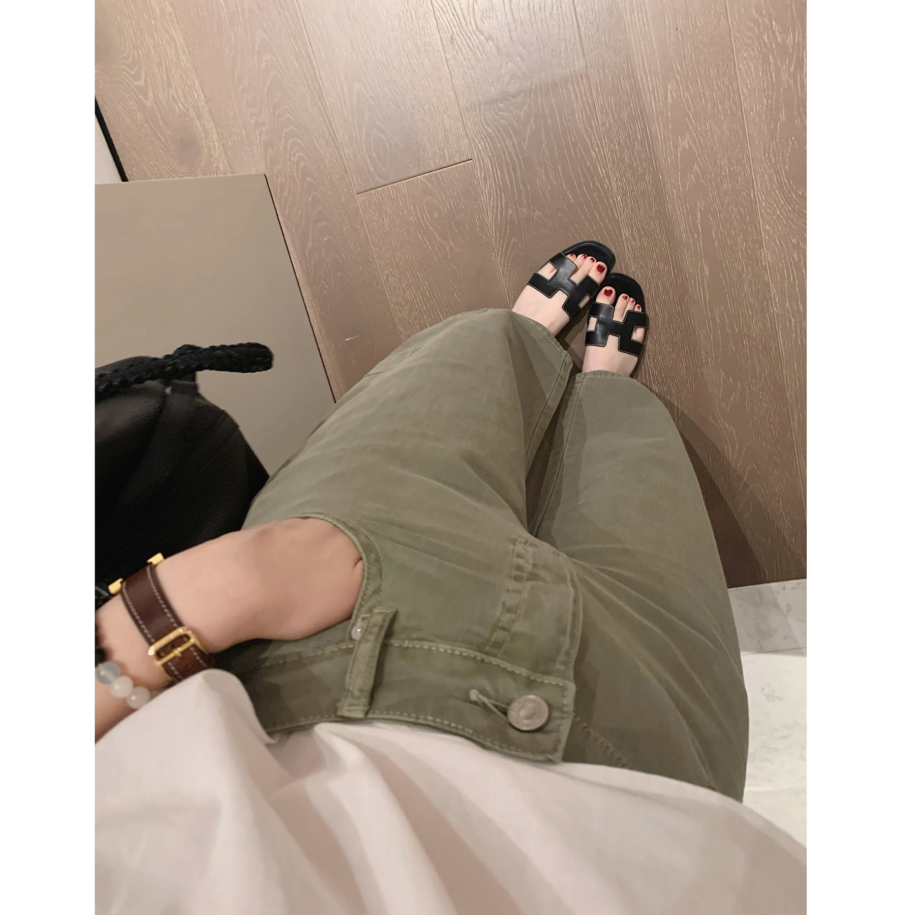 misslady显瘦轻薄复古牛仔军绿色弯刀九分裤女高腰直筒垂感显瘦潮