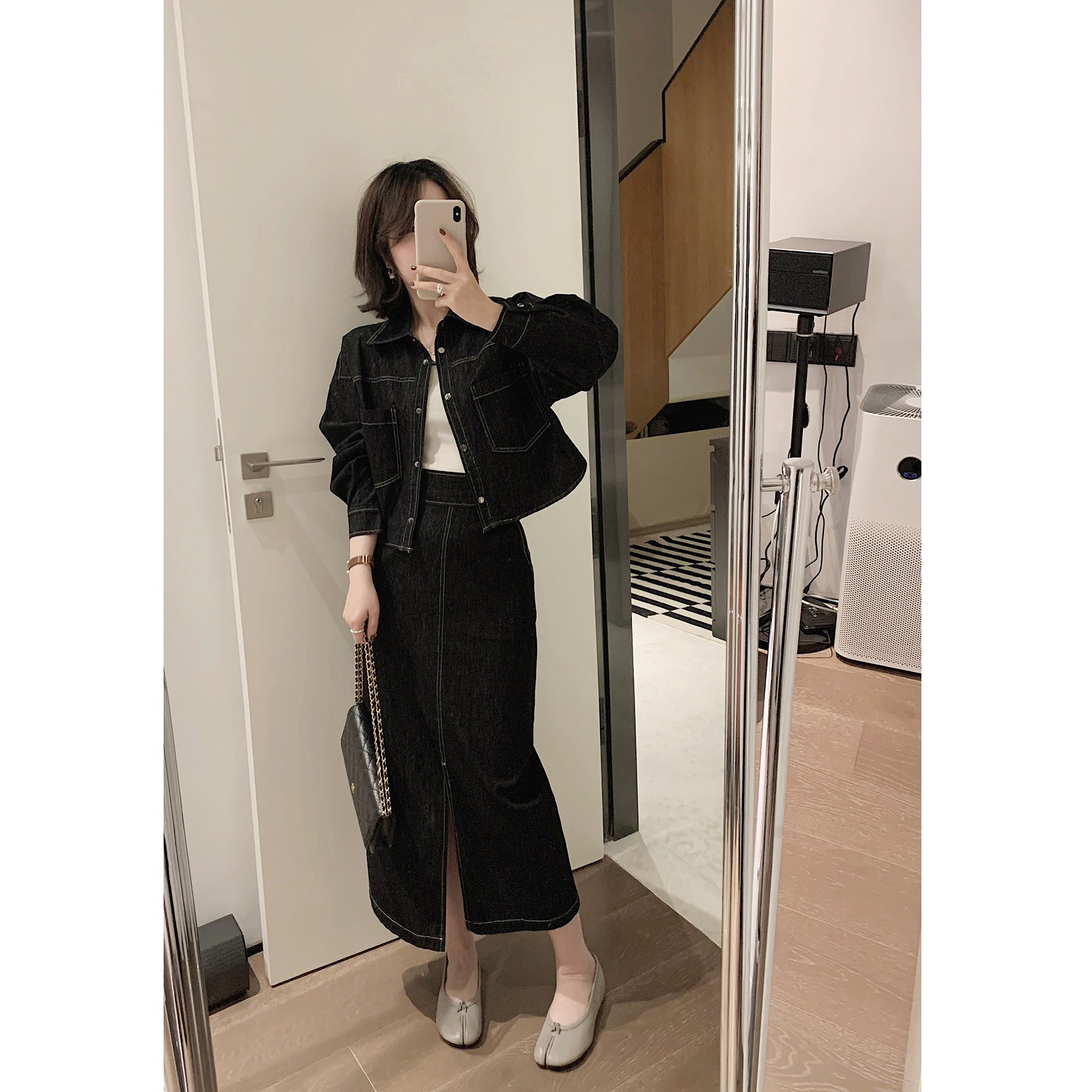 misslady短款翻领工装夹克牛仔外套开叉设计高腰显瘦中长款半身裙,女装/女士精品,时尚套装,淘宝优惠券,粉丝福利购,淘宝优惠卷