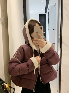 通勤皮质短款连帽羽绒服