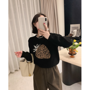 misslady复古豹纹草莓羊毛毛衣圆领长袖套头俏皮减龄上衣女宽松