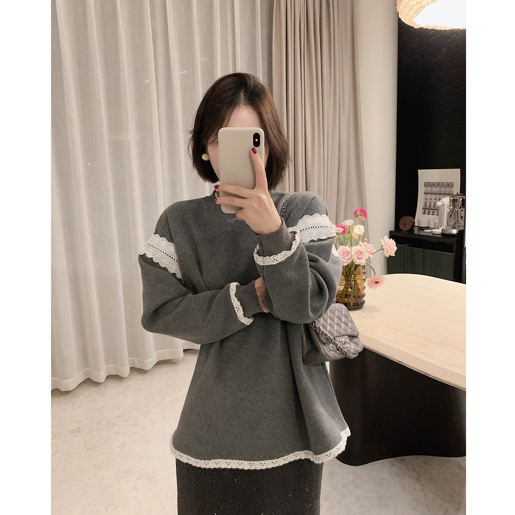 misslady复古加绒蕾丝边宽松卫衣女宝宝绒保暖圆领套头显瘦慵懒感