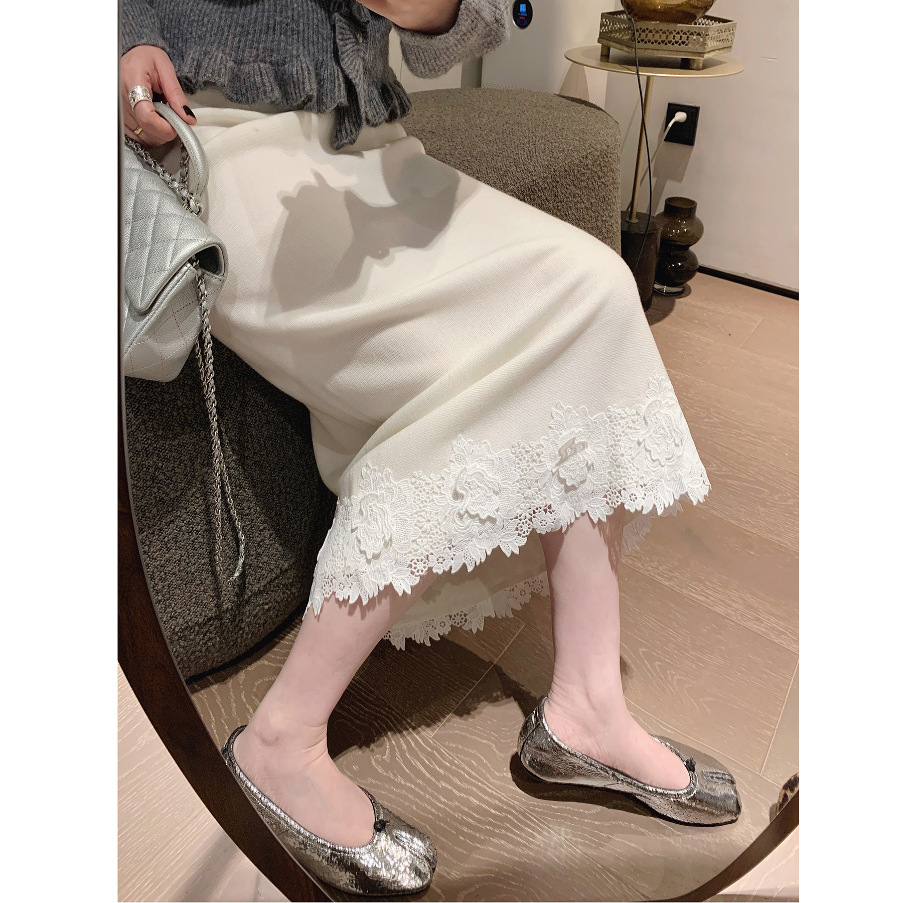 misslady复古针织蕾丝边高腰a字半身裙子女秋冬季新款温柔中长款
