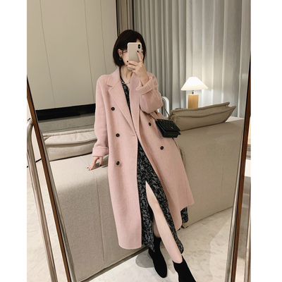 系带长款双面羊绒大衣外套