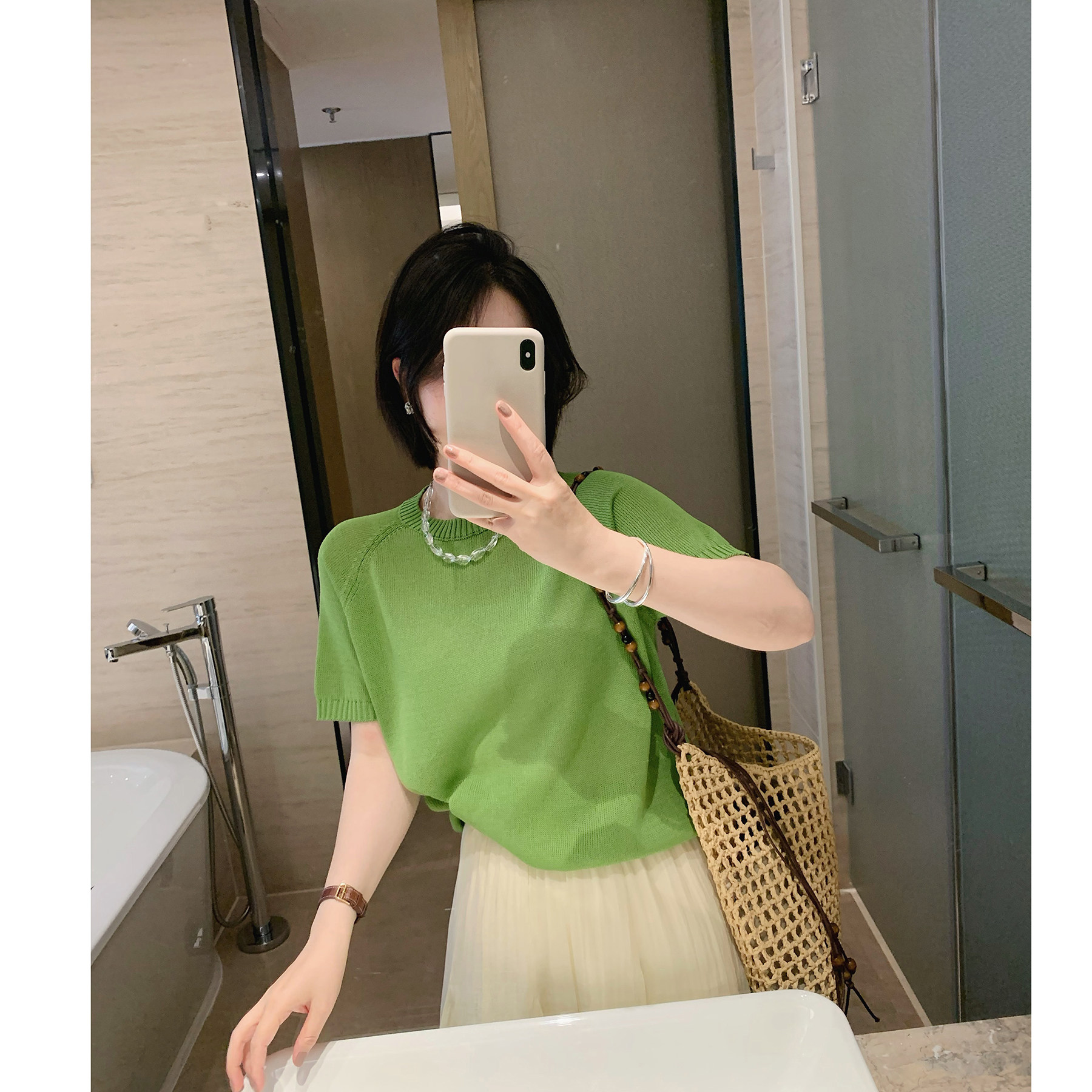 misslady洋气纯色百搭冰丝薄款短袖针织衫女上衣夏季新款显瘦气质