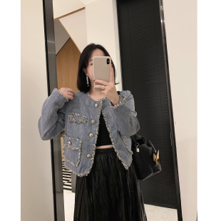 misslady自留款 高级感 简约蓝色粗尼边小香风外套女春秋小个子新款