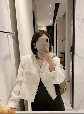 misslady早春新品法式复古小香风白色短款外套女粗花呢小个子上衣
