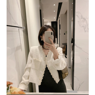 misslady早春新品法式复古小香风白色短款外套女粗花呢小个子上衣