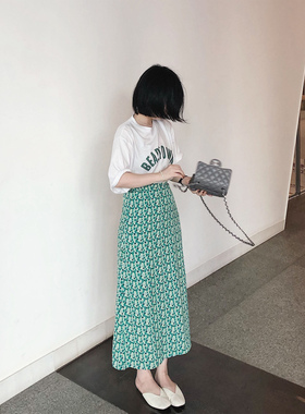 misslady韩国复古高腰绿色碎花半身裙中长款百搭显瘦2025年夏季