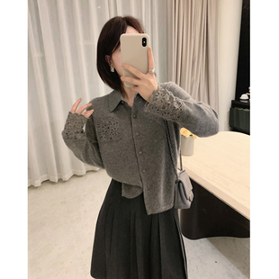 冬 复古针织短款 misslady羊毛钩花拼接翻领毛衣开衫 女上衣气质法式