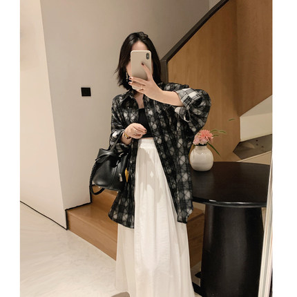 misslady小众设计款蕾丝格子BF男友长袖衬衫外套女叠穿宽松慵懒风