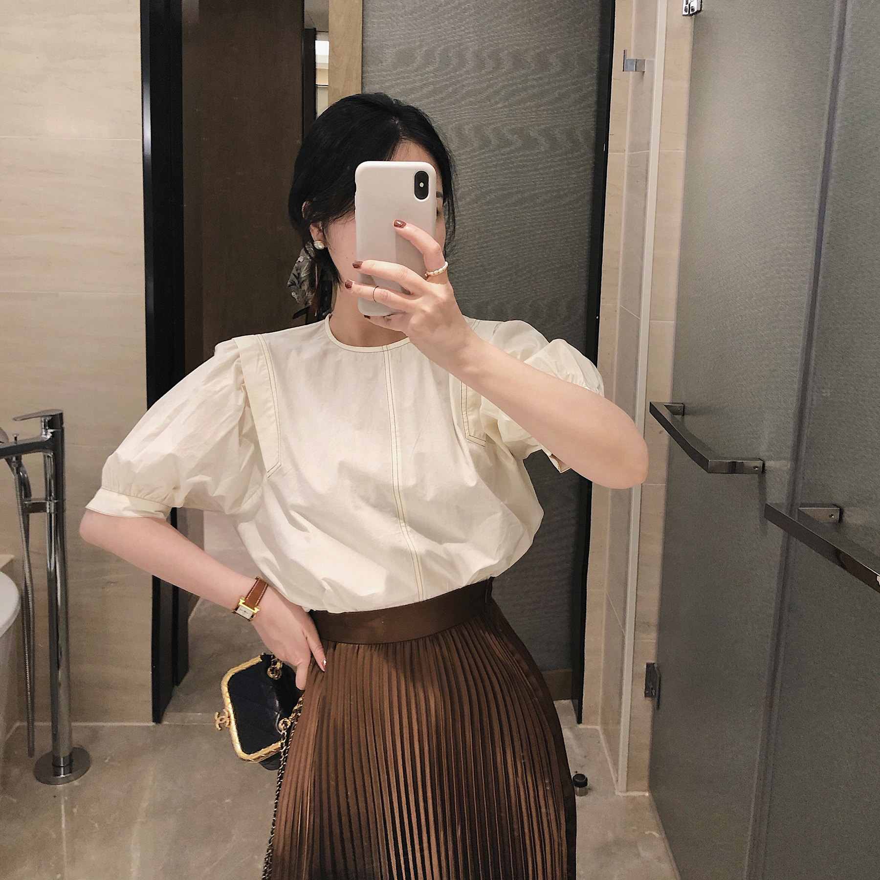 misslady韩国气质杏色小姐姐风品质感设计款复古娃娃上衣短袖女