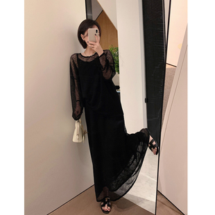 套裝 高級精致女 針織衫 misslady優雅黑色復古三件套鏤空chic薄款