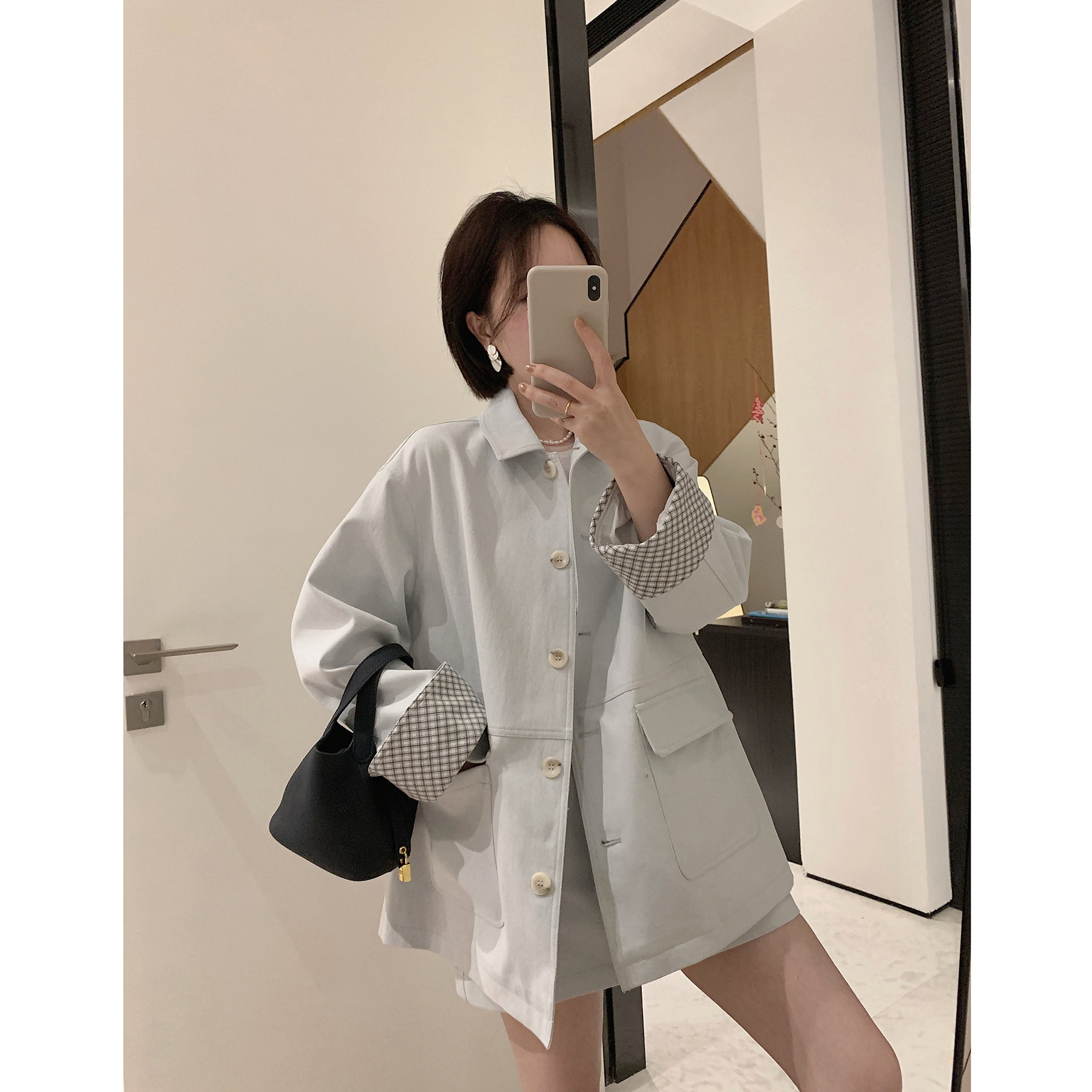 misslady自留款做旧水蓝色袖子格子复古风衣外套短款松紧腰a字裙