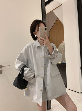 水蓝色袖子格子复古风衣外套
