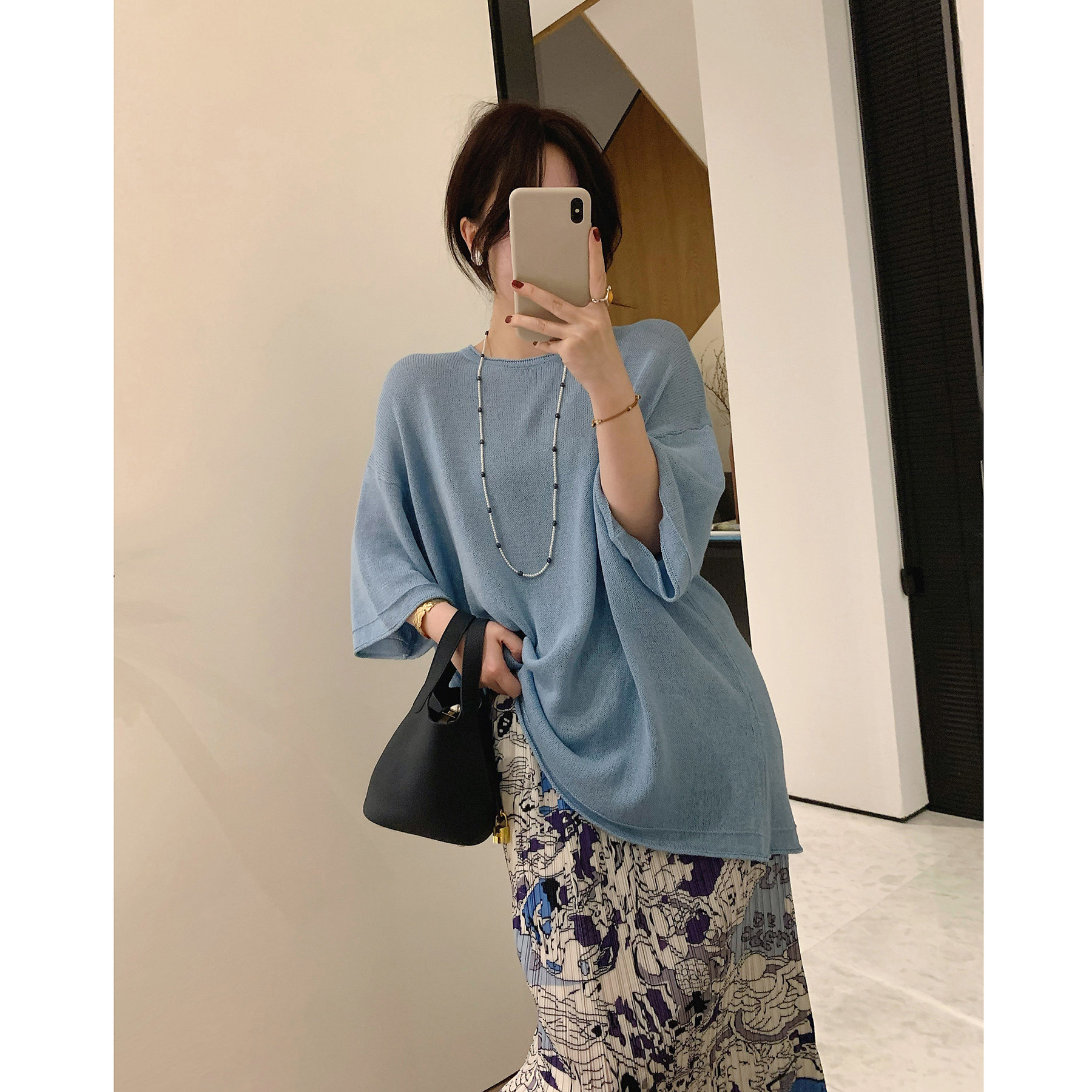 misslady简约纯色宽松慵懒风中袖针织T恤女春夏垂感显瘦气质百搭