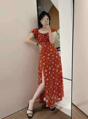 misslady法式复古红色碎花开叉连衣裙一字肩名媛风修身收腰夏度假